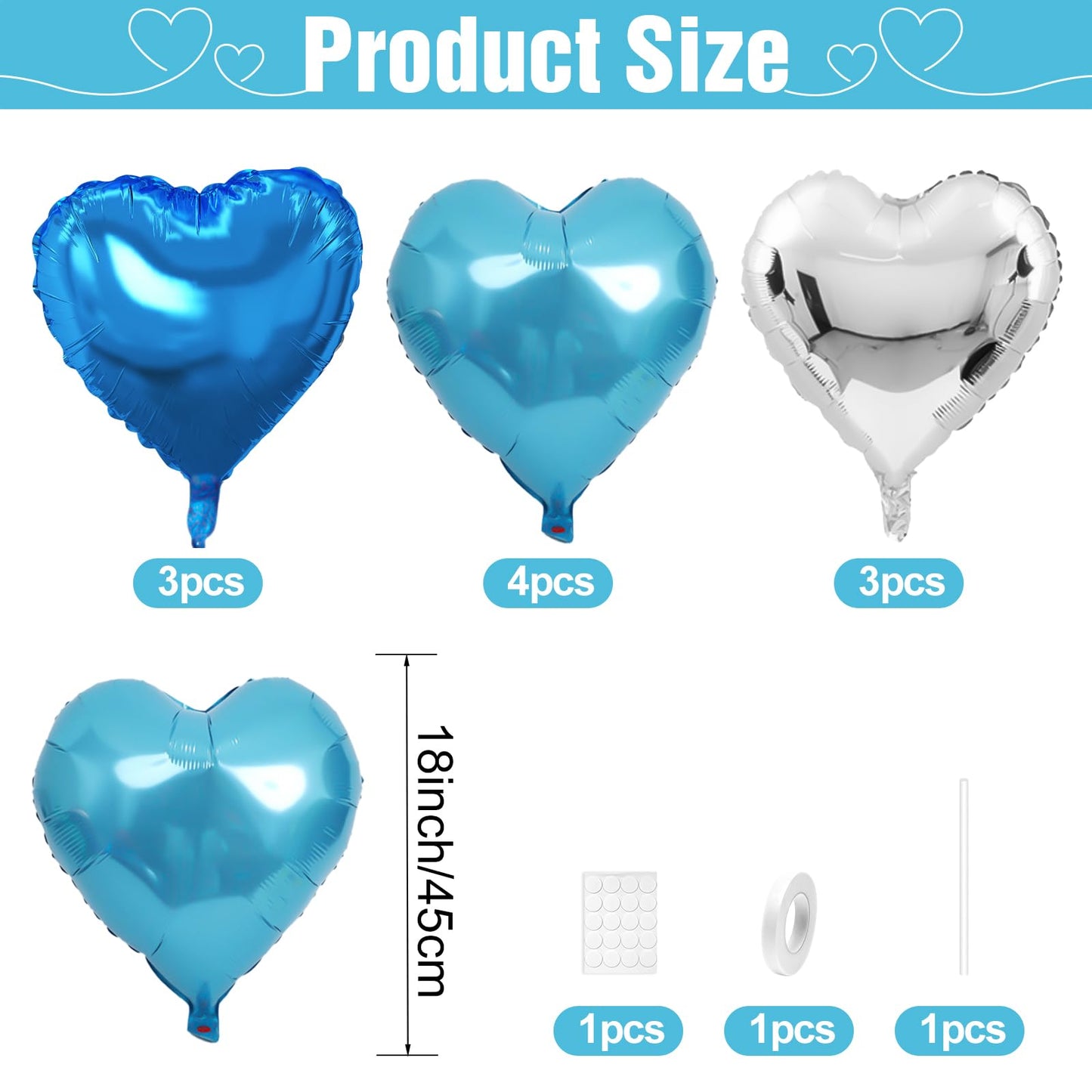 Blue Silver Heart Balloons,10Pcs Light Blue Foil Heart Shaped Love Balloons,18Inch Dark Blue Silver Helium Mylar Balloons For Va