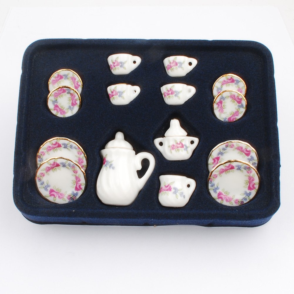 Baenrcy 1 Set 15 Pieces 1:12 Ceramics Tea Cup Set Lovely Dollhouse Decoration Set Dollhouse Kitchen Accessories(#1)