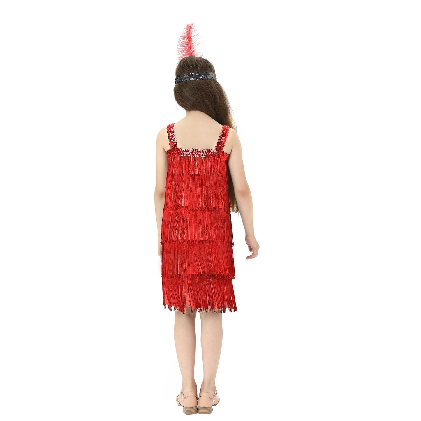Leadtex Girl'S 20S Flapper Dresses Costume Dress Childrens Party Fringed Dresses With Feather Headband,Size L(10-12,Red