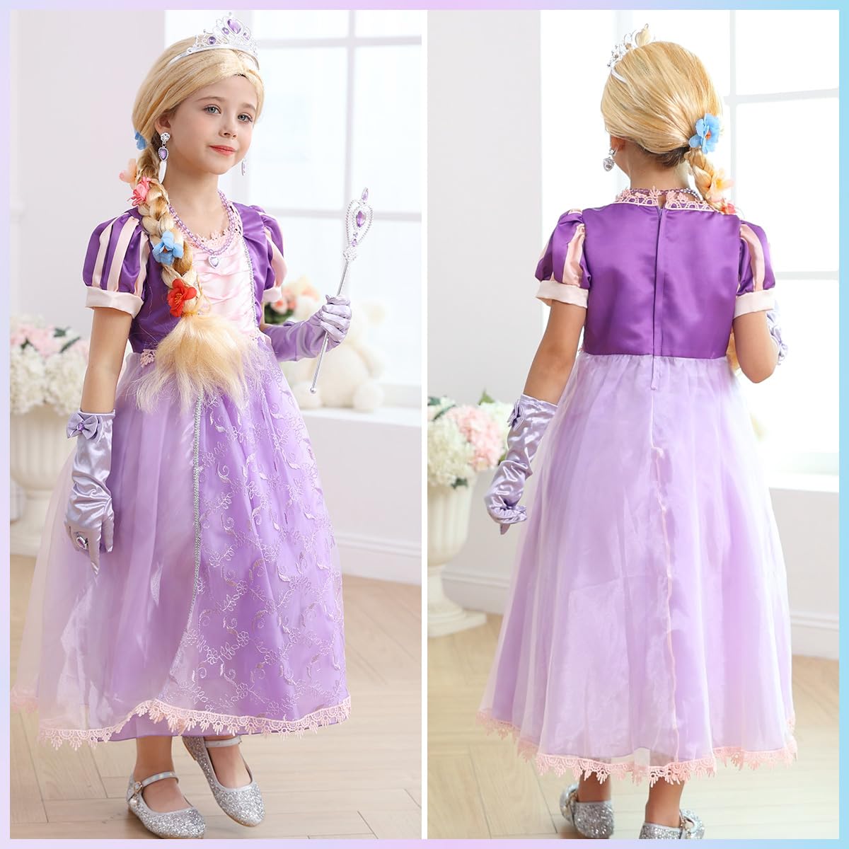 Luzlen Purple Princess Costume for Girls Toddler Rapunzel Dress with Wig Halloween Birthday Party Outfit for Kids, 6-7 Years(Lab