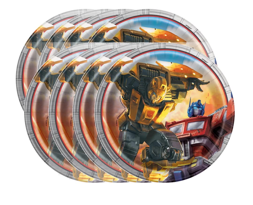 Transformers Party Supplies Bundle Pack includes 16 Dessert Cake Plates, 1 Plastic Table Cover
