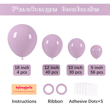 Voircoloria 130Pcs Lilac Purple Balloons Different Sizes 18'' 12'' 10'' 5'' Faded Purple Latex Balloon Garland Arch Kit For Birt