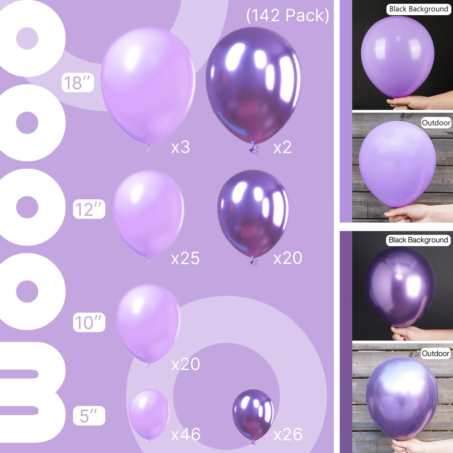 Partywoo Purple Balloons, 142 Pcs Lilac And Metallic Purple Balloons Different Sizes Pack Of 18 Inch 12 Inch 10 Inch 5 Inch For Balloon Garland Balloon Arch As Birthday Decorations, Party Decorations