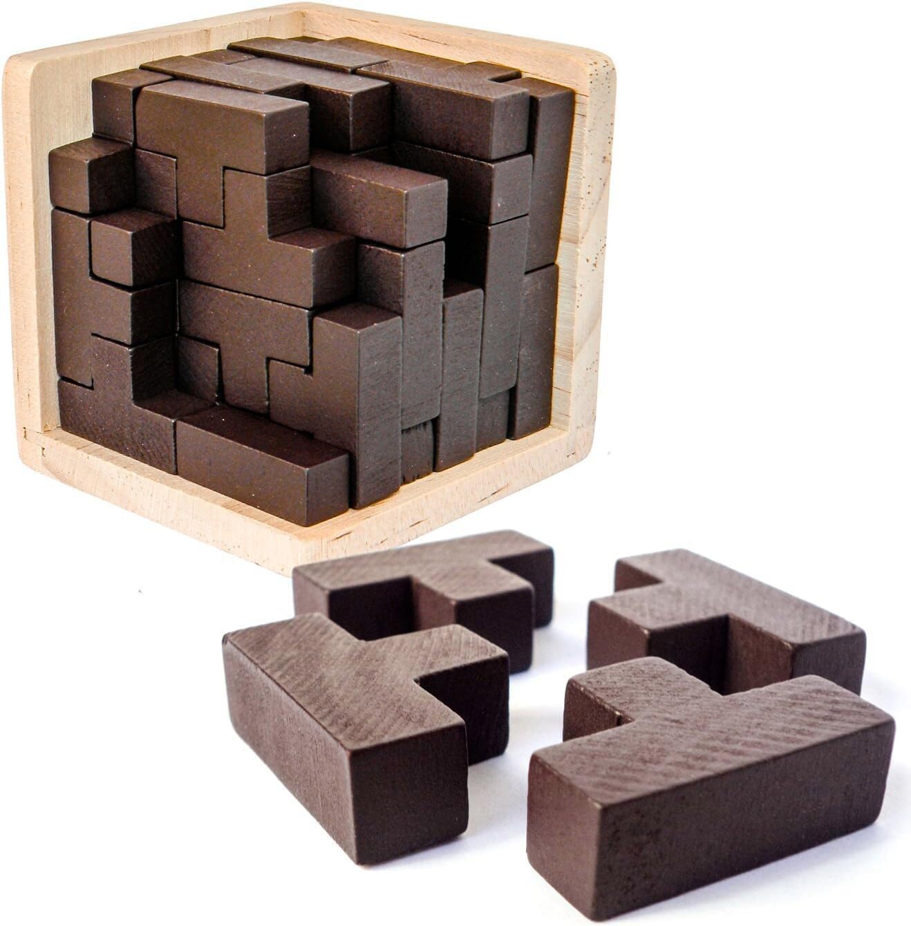 Original 3D Wooden Brain Teaser Puzzle: Engaging 3D Puzzle Box For Kids 8-12 & Adults, Desk Toys Delight, Challenging Games & Wooden Puzzles For Adult Brain Boost (Brown)
