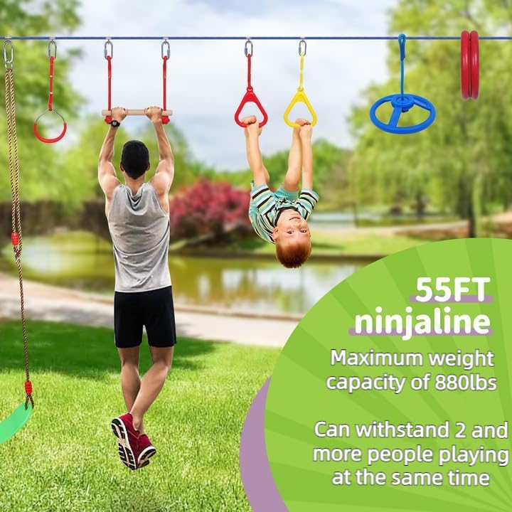 55Ft Ninja Warrior Obstacle Course For Kids With 12 Obstacle Course Accessories-Swings, Monkey Bars, Arm Trainers And More, Suit