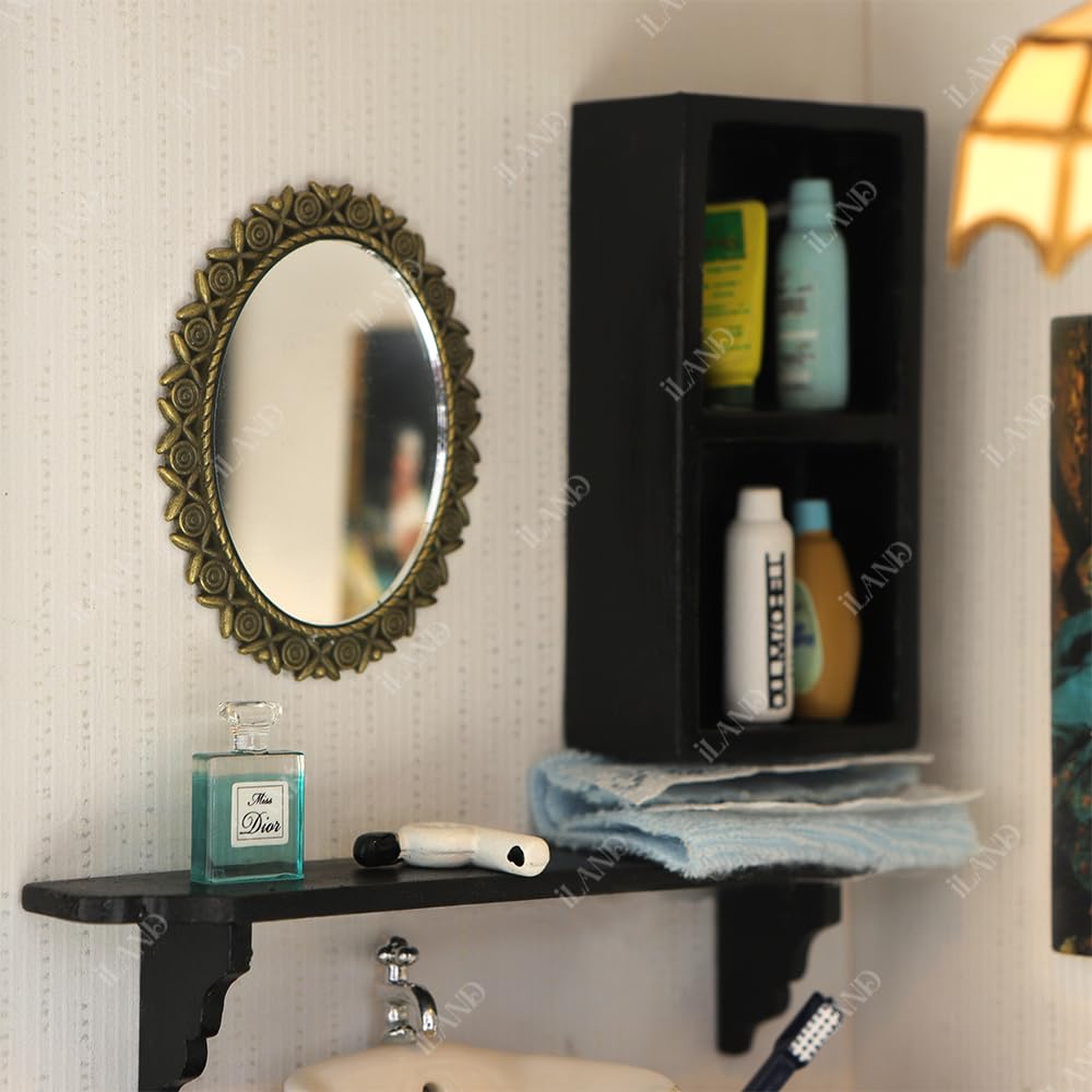 iLAND Dollhouse Mirrors, Miniatures Dollhouse Accessories on 1:12 Scale, Metal Framed Glass Mini Mirror w/Rose & Sunflower Patte