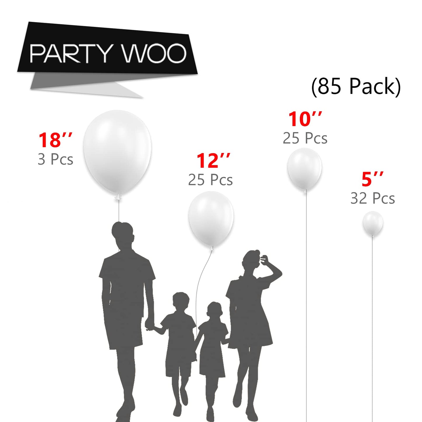 Partywoo White Balloons, 85 Pcs Matte White Balloons Different Sizes Pack Of 18 Inch 12 Inch 10 Inch 5 Inch White Balloons For Balloon Garland Or Balloon Arch As Birthday Party Decorations, White-Y13