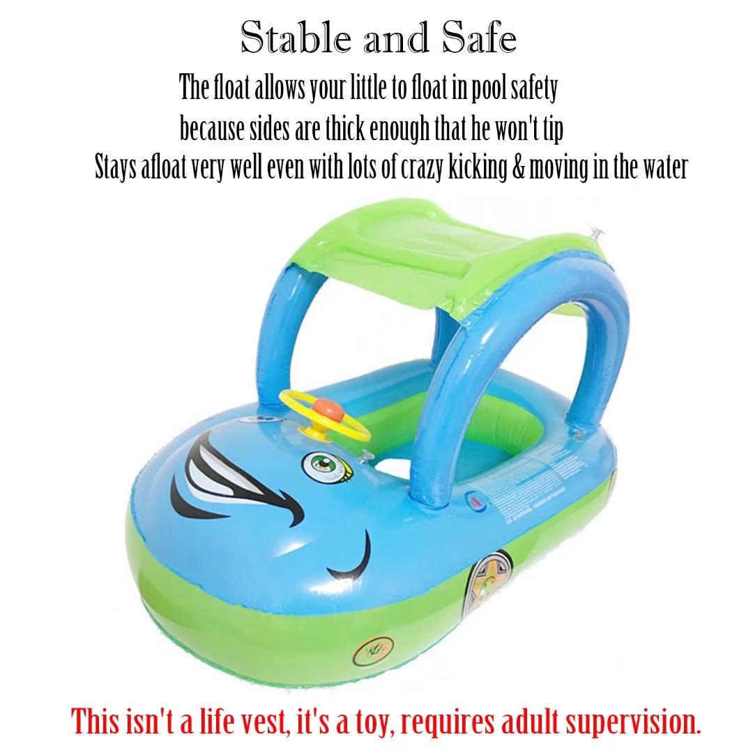 Baby Pool Float With Canopy Summer Steering Wheel Sunshade Swim Ring Car Inflatable Toys Infants Float Seat Boat For Kids Toddlers (Color Blue)