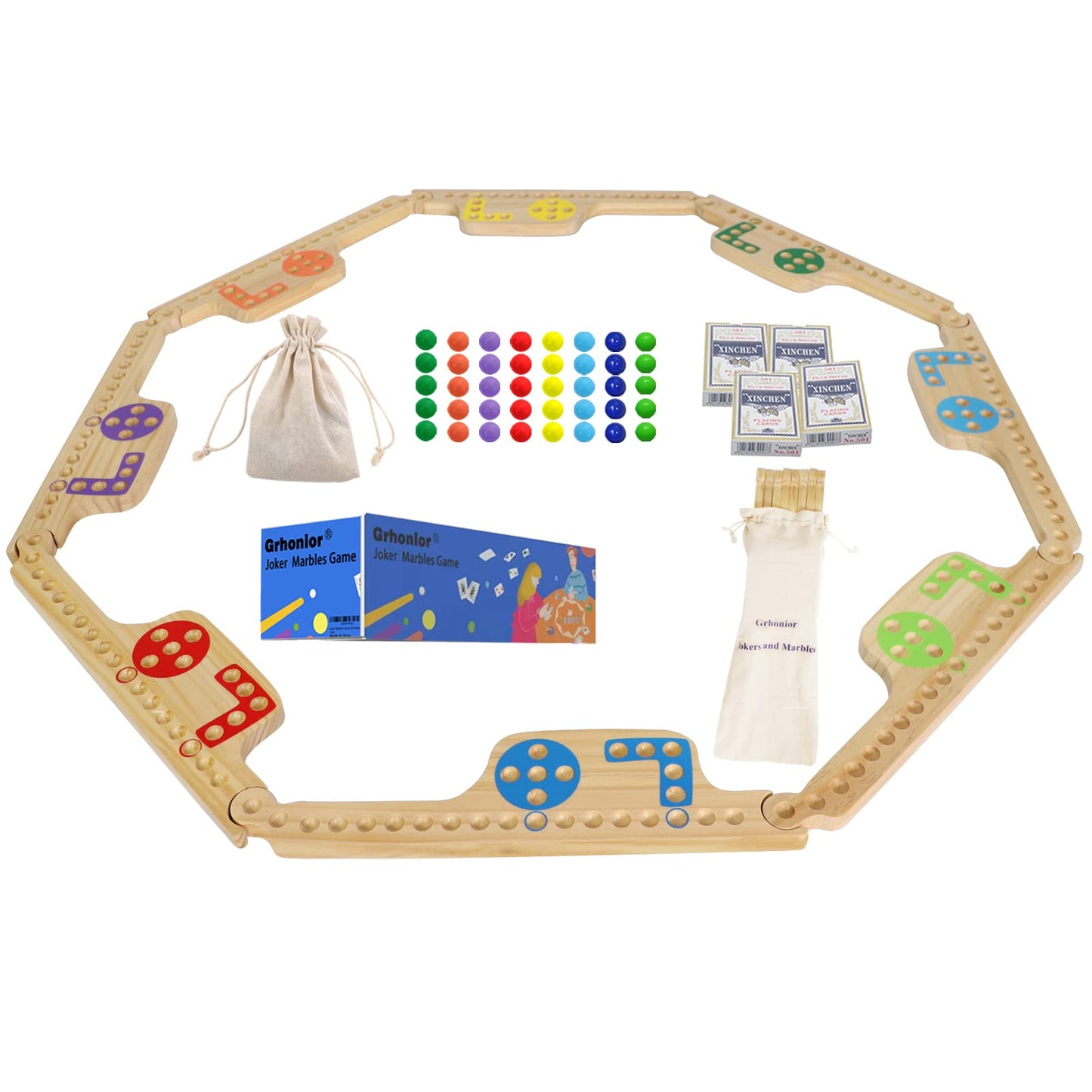 Grhonior Marbles And Jokers Board Game Pegs And Jokers Real Solid Wood (Pine) Game Board Wooden For 2-8 Players 8 Game Boards 8