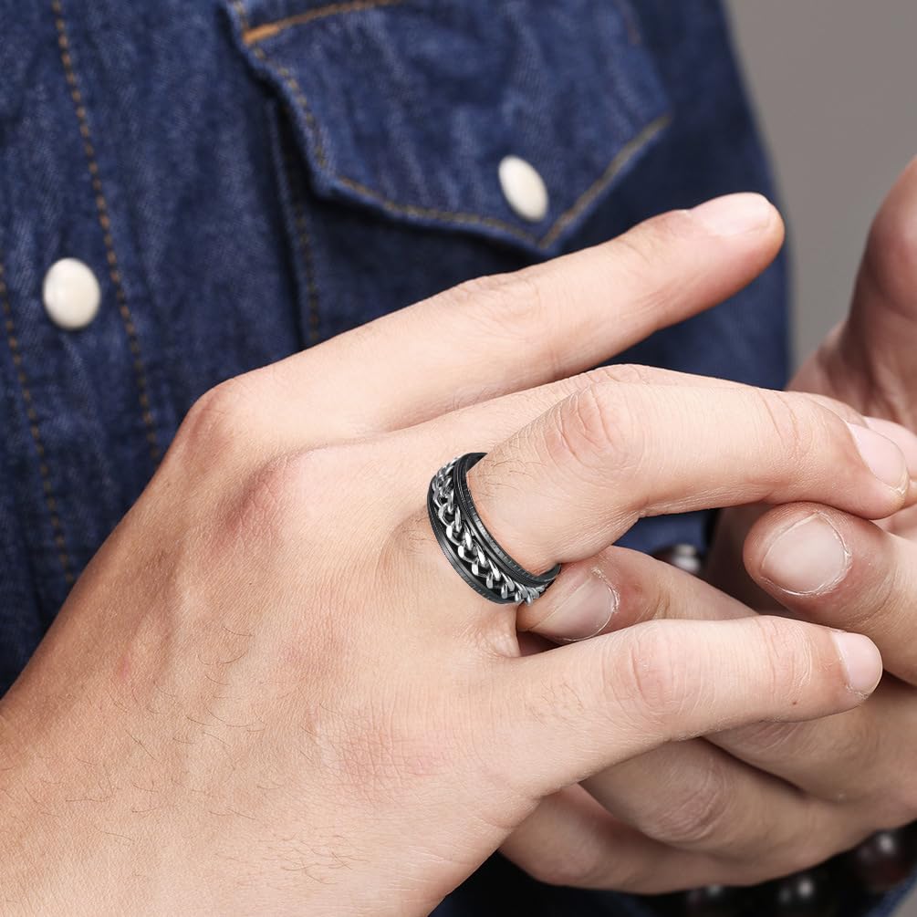 Udolfly Mens Fidget Rings Anxiety Rings For Men Womens Chain Spinner Rings For Adults Titanium Steel Ring Black Silver Size 11