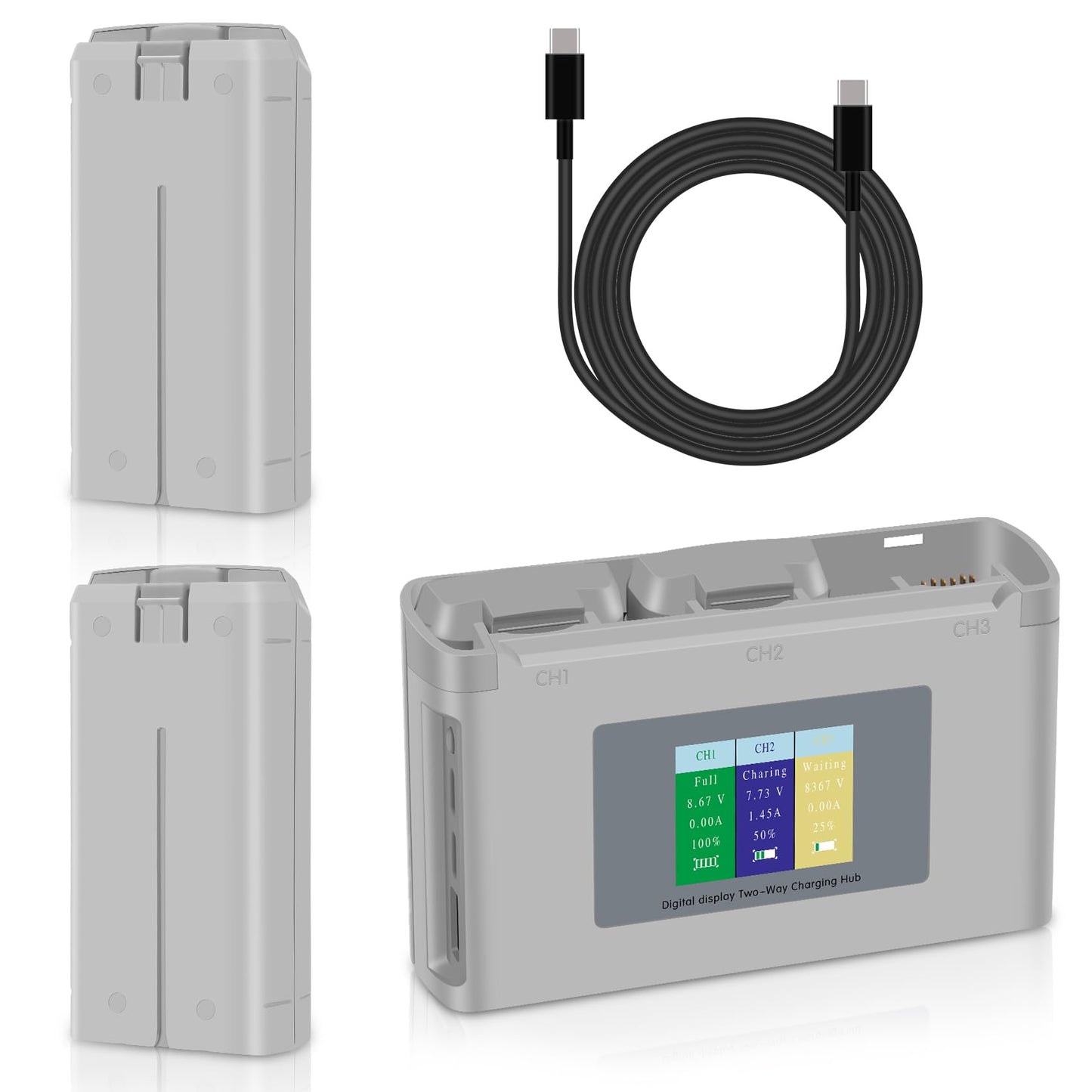 COOLSHOW Intelligent Flight Mini 4K Battery Mini 2 Series Battery 2 Packs 2400mAh and Smart LED Triple Mini 2 Battery Charger Tw