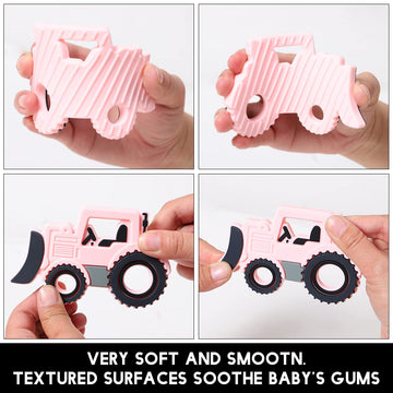 Amazingm Car Series Baby Teething Toys,Food Grade Silicone Chew Teether For 3 Months+ Infant Boy And Girl,Toddler Sensory Chewing Teether,Bpa Free. (Bulldozer, Pink)