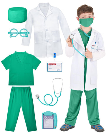 Gleamkid Doctor Costume For Kids, Kids Scrubs With Lab Coat, 9Pcs Toddler Halloween Costume, Career Day Costume For Boy Girls