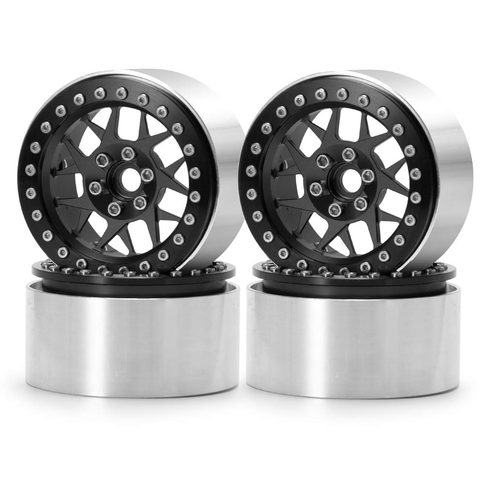 4Pcs 2.2'' Rc Aluminum Beadlock Wheels W/Hubs For 1/10 Rc Axial Wraith Rr10 Yeti Scx10 D90 Trx4 Cc01 (Black)