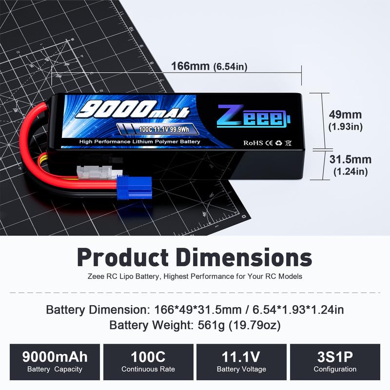 Zeee 3S 9000mAh Lipo Battery 11.1V 100C EC5 Connector Soft Case (2 Pack) for RC Cars, Trucks, and Tanks