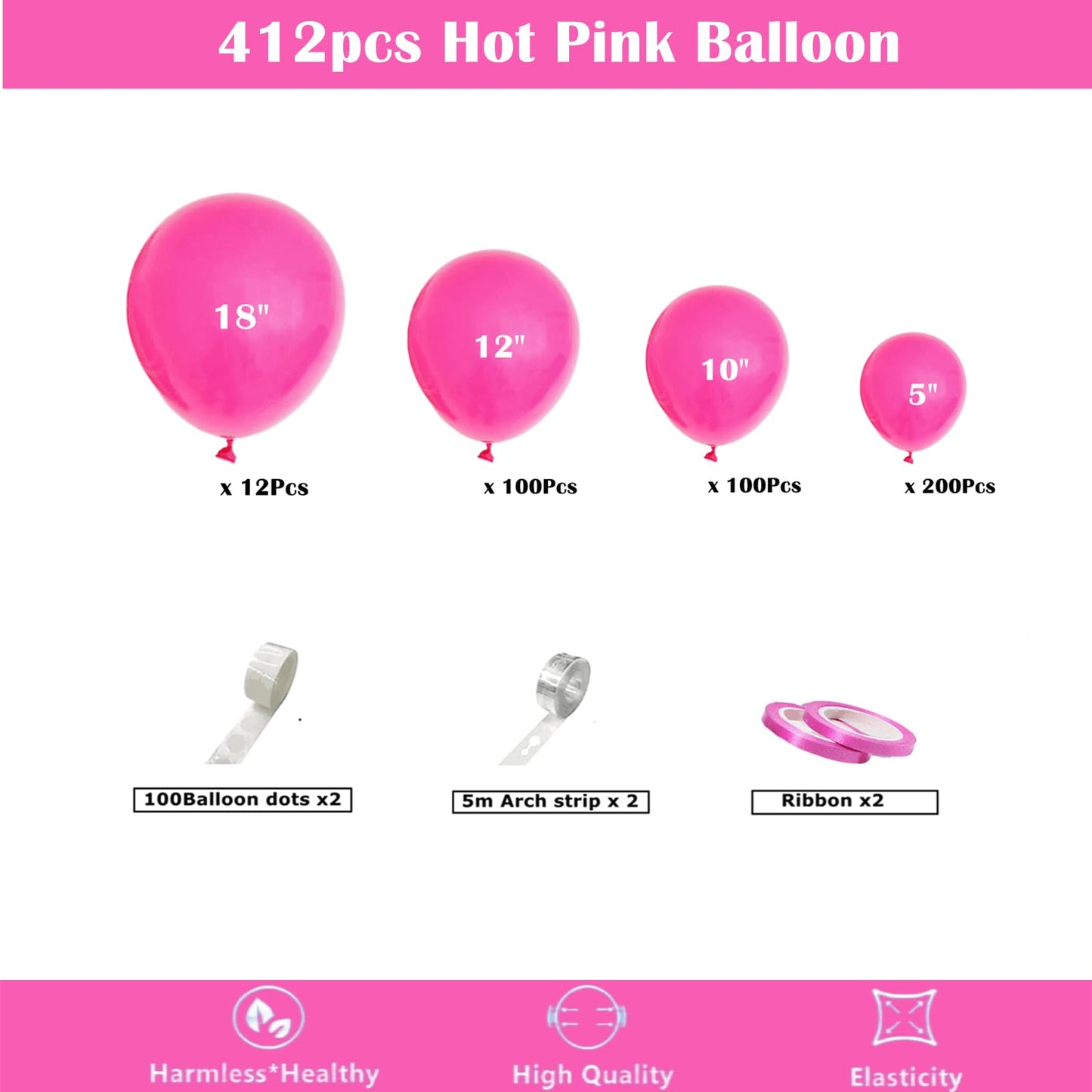 412Pcs Hot Pink Balloon Garland Arch Kit 18 12 10 5 Inch Different Sizes Matte Latex Balloons For Valentine'S Day Baby Shower Bi