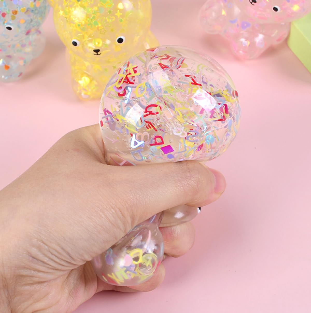 Dhjrefhhd 1Pccs Squeeze Toys Letter Sequins Candy-Bear Stress Relief Toy Hand Fidget Sensory Office Desk Squishy Toy (Light Pink