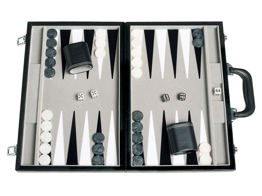 Middleton Games Travel Backgammon Set - 15-inch Leatherette & Velvet, Black/Grey