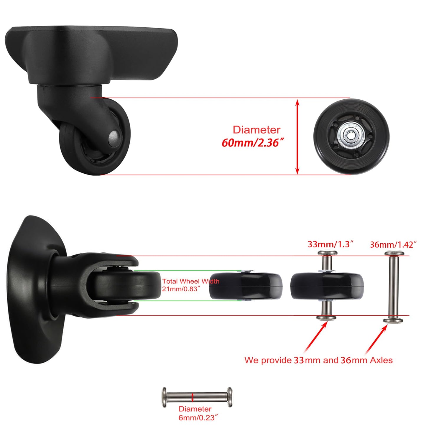 Ownmy 60Mm X 18Mm Luggage Suitcase Replacement Wheels, Rubber Swivel Caster Wheels Bearings Repair Kits, A Set Of 4