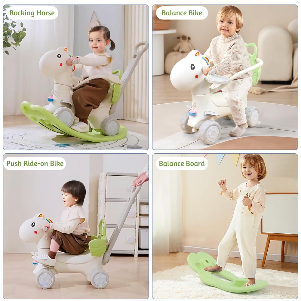 4 In 1 Rocking Horse For Toddlers 1-3 Years Old, Balance Bike Ride On Toys With Push Handle, Backrest And Balance Board For Baby Girl And Boy, Unicorn Kids Riding Birthday (Green-New)