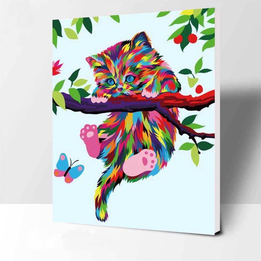 Elftoyer Paint by Numbers for Kids & Beginner, DIY Canvas Painting Gift Kits - Colorful Cats and Butterflies 12 x 16 inch (Frame