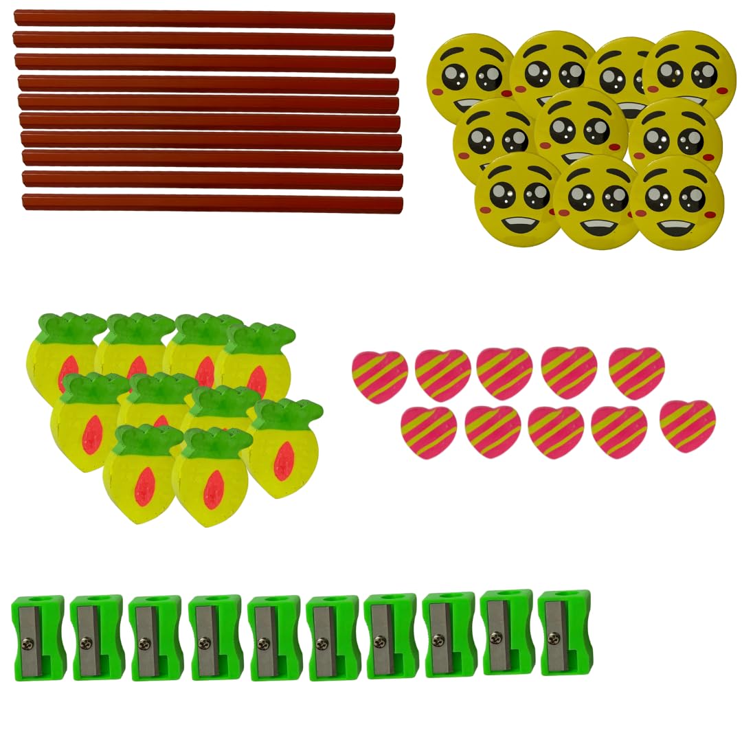 Kids Smiley Stationery Gift Set of 10 | Eraser Pencil Sharpener Badge Combo | Birthday Return Gifts for Kids | School Reward Gif