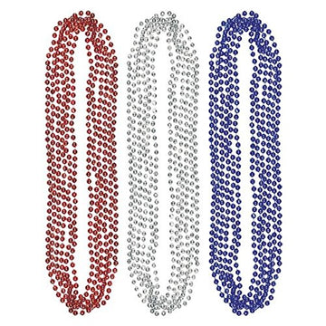 Amscan Metallic Bead Necklaces Party Favors, 30'', Red, Blue & Silver