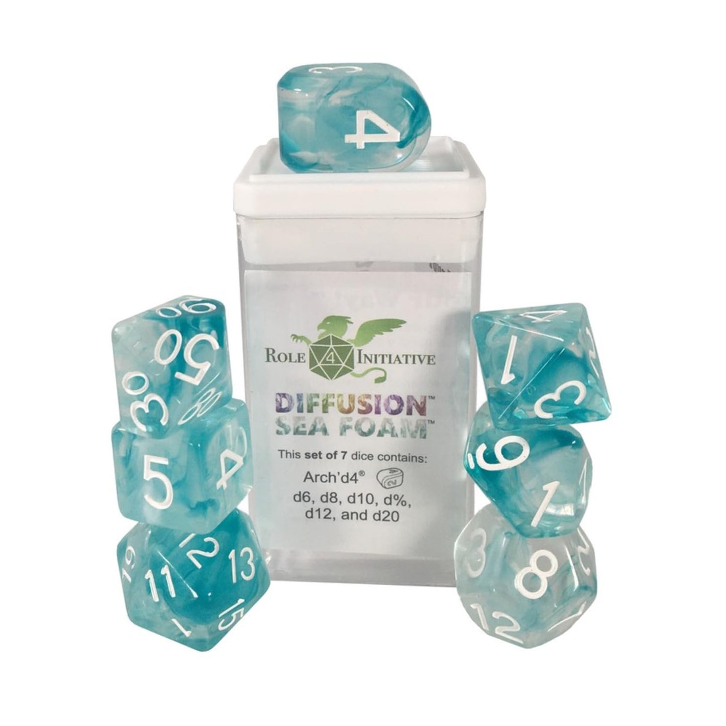 Role 4 Initiative Polyhedral Dice - Translucent Dark Green W/White And Arch'D4 (7)