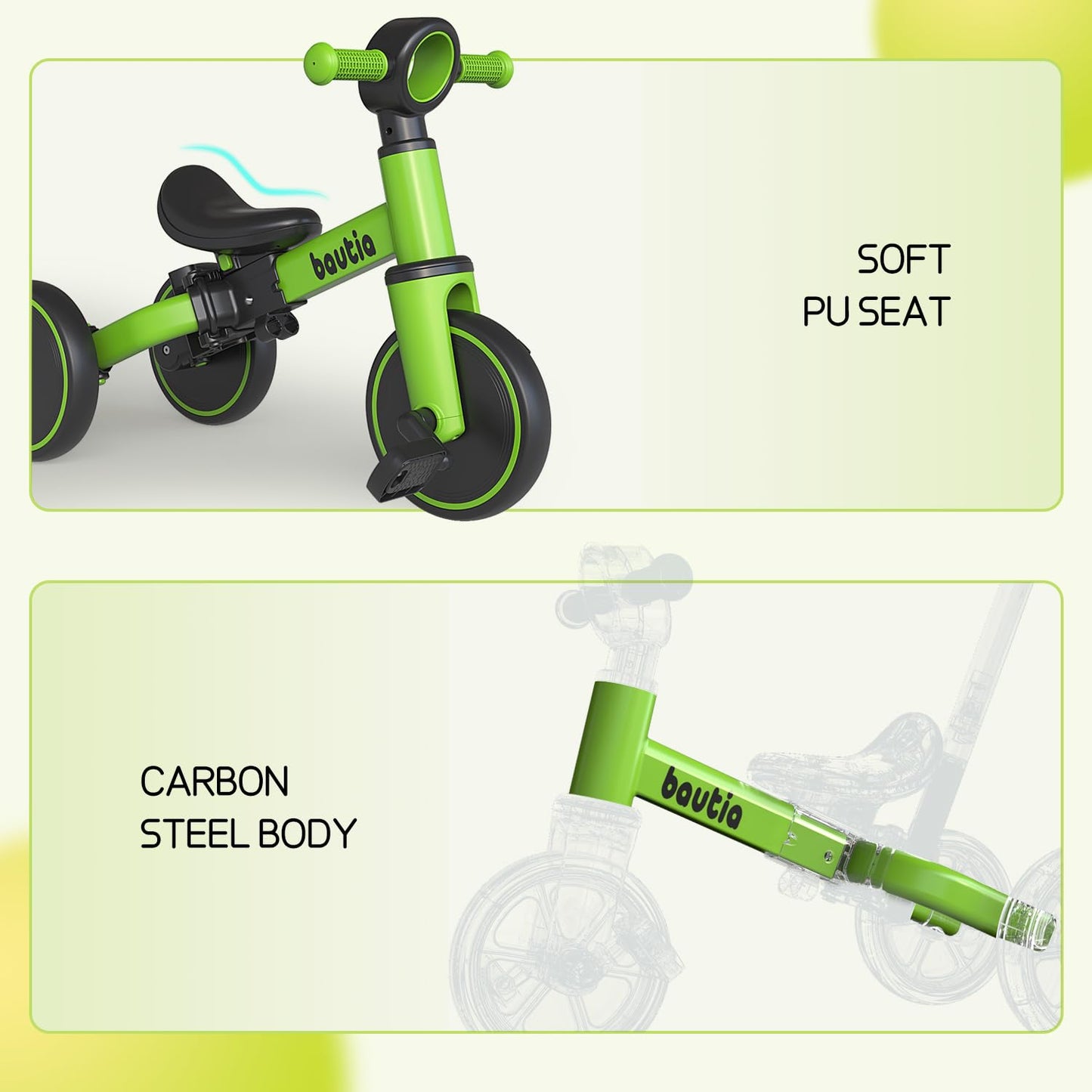 Bautia Kids Tricycle for Toddlers 1-3 with Push Handle, 5 in 1 Baby Balance Bike for 1-4 Years Old Boys Girls Gift with Removabl