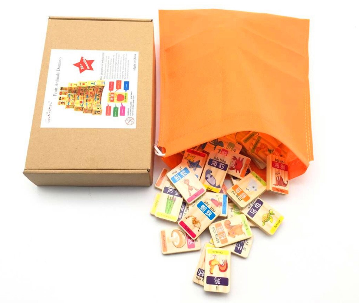 Guaishou New Chinese English Language Learning Wooden Blocks Domino Children'S Educational Product Wooden Toys Recognize/Identify Fruits And Animals 100Pcs