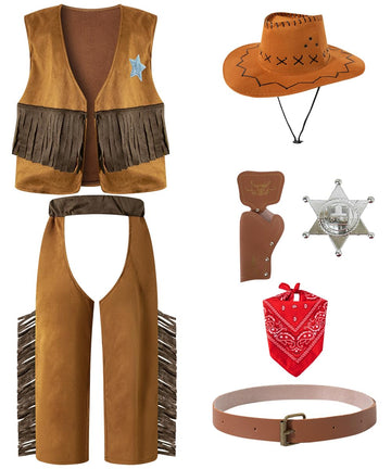 Iwalue Kids Boys Cowboy Halloween Costume Dress Up Party Cosplay With Bandana Cowboy Hat (Brown, 9-10 Years)