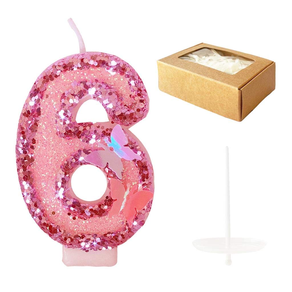 Birthday Candles Number 6,Pink Glitter Happy Birthday Cake Candles Handmade Sequin Numeral Candle