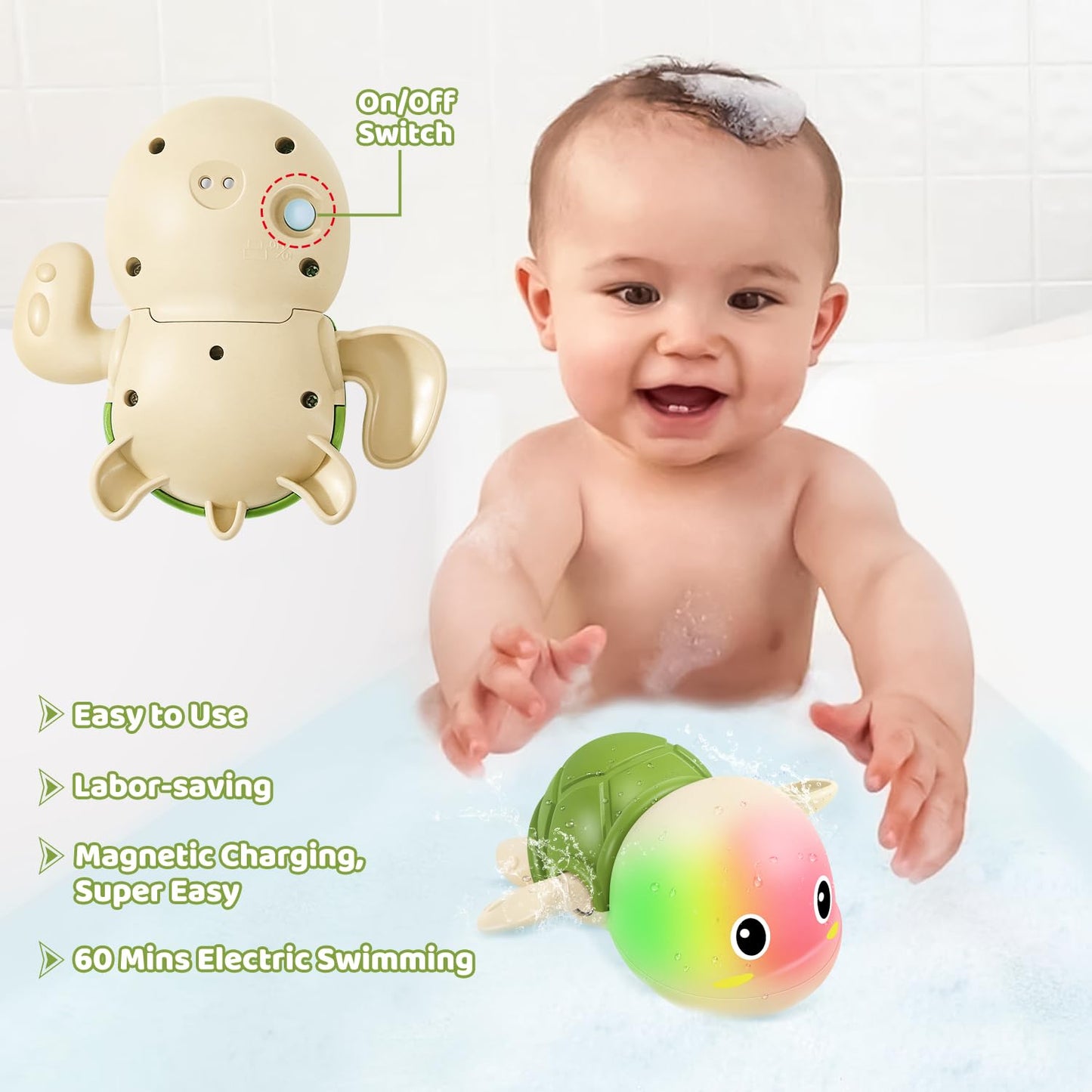 Gigilli Rechargeable Swimming Turtle Bath Toys, Baby Bath Toys for Kids Ages 1-3 2-4, Light Up Bathtub Pool Water Toys, Comes wi