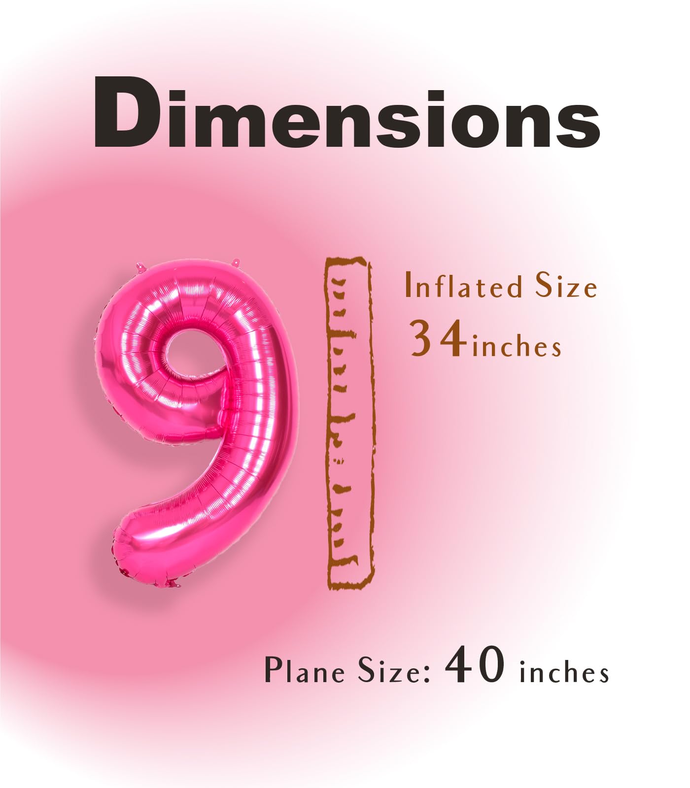 Suwen 40 Inch Hot Pink Large 9 Number Balloons Big Foil Helium Number Balloons 0-9 Jumbo Happy 9Th Mylar Birthday Party Decorati