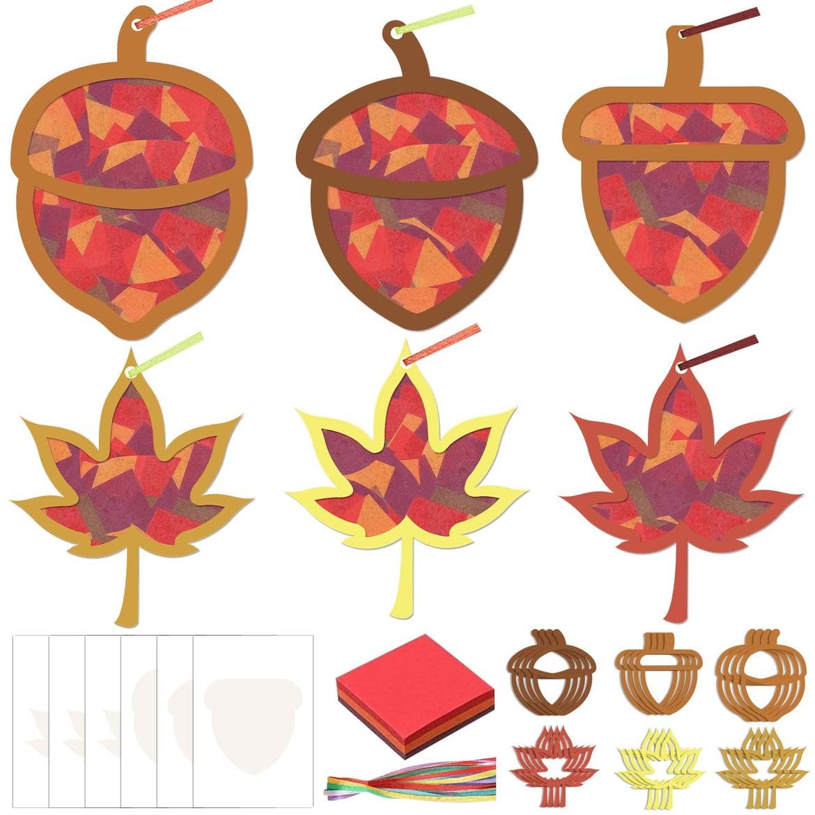Zliisang 24PCS Make You Own Fall Crafts Kit Bulk Maple Leaf Acorn Paper Suncatchers DIY Kit for Autumn Thanksgiving Classroom Ac