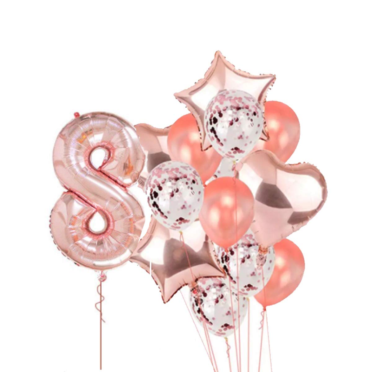 Pop The Party Rose Gold 8 Balloon For 8th Birthday Large Pack of 16 | Rose Gold Confetti Star and Heart Foil Balloon Bouquet Fo