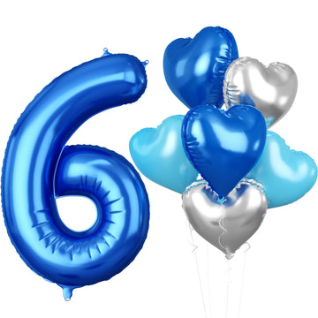 Biapian 40 Inch Blue Number 6 Balloons, Blue Large 6Th Birthday Balloons With 18'' Foil Blue Silver Heart Balloon Helium For 6Th