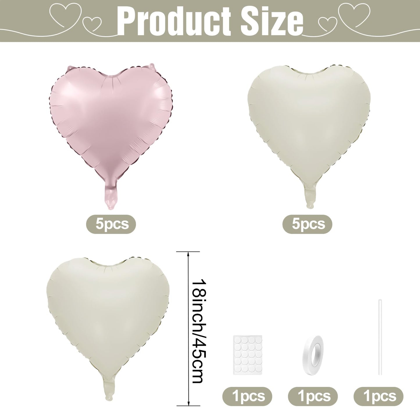 Pink White Heart Balloons,10Pcs Cream Baby Pink Foil Heart Shaped Balloons,18Inch Sand White Pink Helium Mylar Balloons For Vale