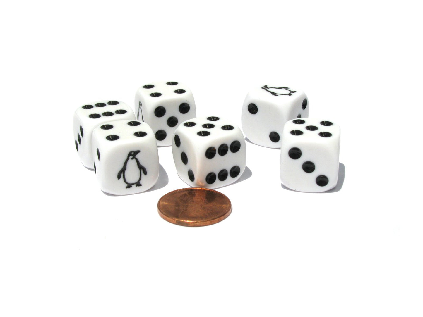 Set of 6 Penguin 16mm D6 Round Edged Koplow Animal Dice - White with Black Pips