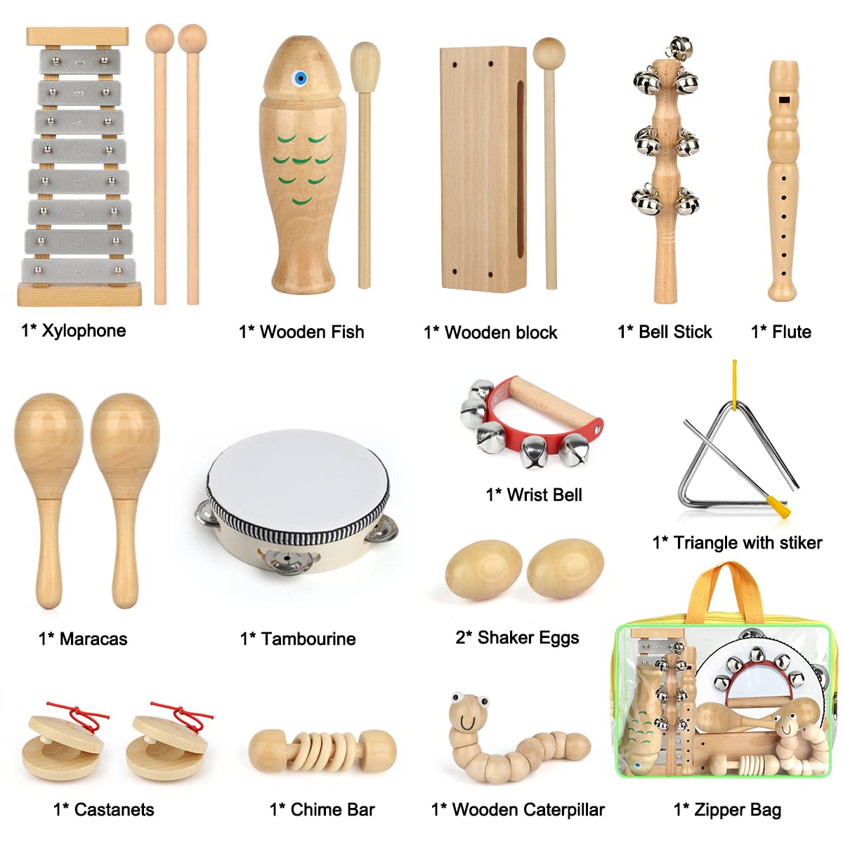 Kids Musical Instruments,100% Natural Wooden Music Percussion Toy Sets, 23 Pcs Tambourine Xylophone Toys For Kids, Girls Boys Preschool Education Early Learning Musical Toys With Bags