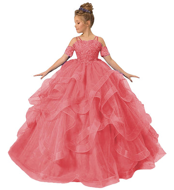 Long Princess Girls Pageant Dress Tulle Ruffles Flower Girl Dress Beaded Appliques Wedding Party Costumes Coral Us6