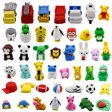 Cllayees 72 Pcs Assorted Animal Pencil Erasers Desk Pets, Bulk Mini Pencil Erasers Gifts For Classroom Prizes Reward Goodie Bag Easter Egg Fillers Party Favors (Animal And Car)