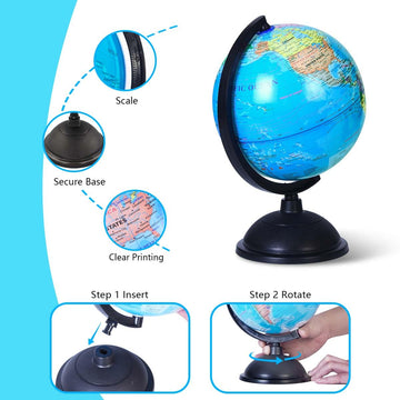 Kiseer 8 Inch World Globe With Stand Rotating Earth Spinning Globe For Kids Geography Classroom Education Or Decorations (Blue)