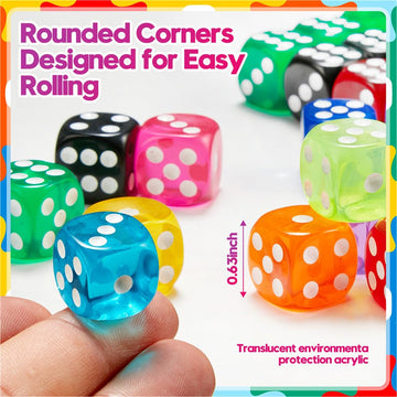 Riaaorr 100 Pieces 16MM Colored Dice Set, Standard Bulk Colors Dices, Classroom Dice, Translucent 6 Sided Games Dice for Board G