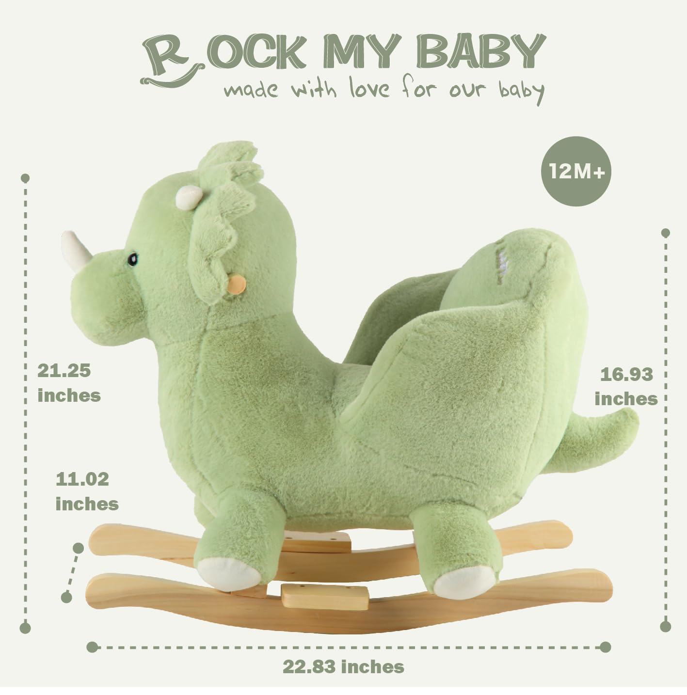Rock My Baby Rocking Horse Green Dinosaur with Chair, Plush Stuffed Animal Rocker, Baby Rocker with Sweet Music, Wooden Rocking