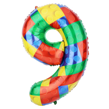 32 Inch Building Block Number Balloon, Colorful Number Block Foil Balloons Helium Balloon Numbers For Birthday Brick Theme Party Decorations (Number 9)
