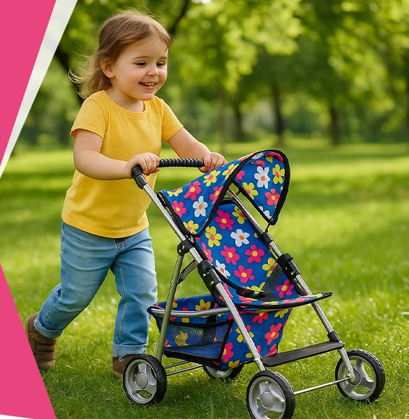 Baby Doll Stroller Gift for Kids, Toy Doll Stroller with Adjustable Canopy & Storage Basket Push Baby Stroller for Dolls Foldabl