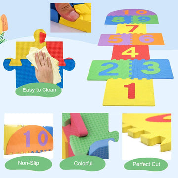Atarvana Hopscotch Mat For Kids, 12'×12' Hopscotch Interlocking Foam Tiles, Easy To Assemble & Clean, Soft & Reliable Eva Hopscotch Rug, 10 Large Number Foam Play Mats For Most Surface 7 X 2 Ft