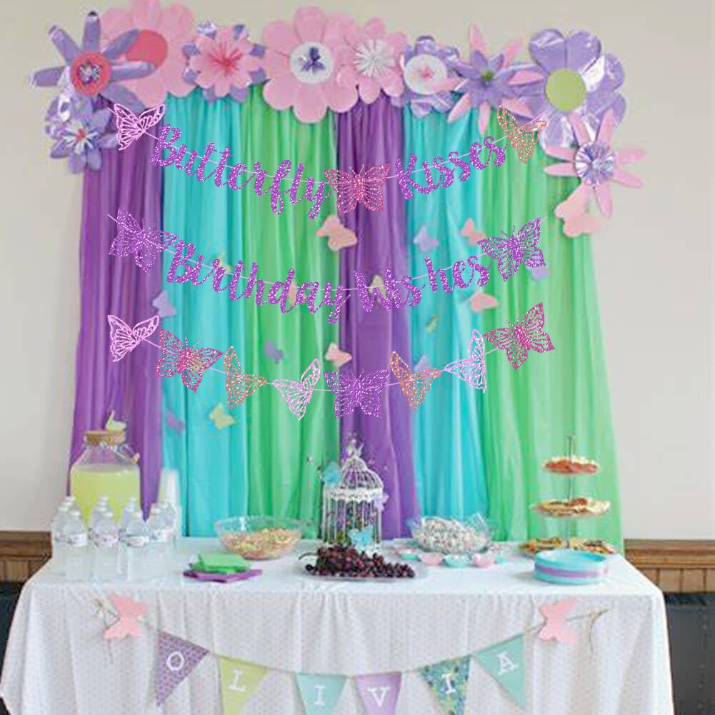 Butterfly Kisses Birthday Wishes Party Decor Purple Glitter Butterfly Kisses Birthday Wishes Banner for Butterfly Themed Baby Sh