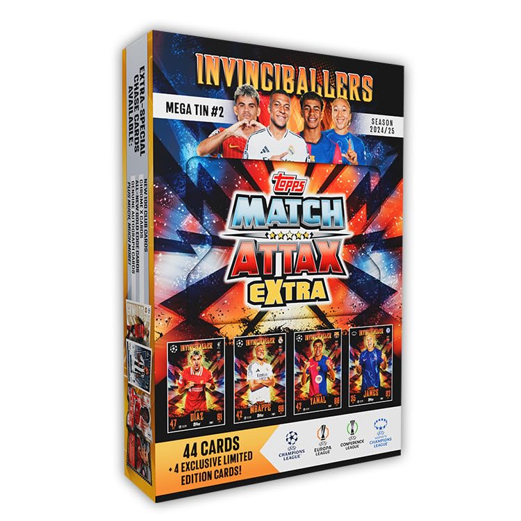 Topps Match Attax Extra 2025 - Mega Tin #2 - The Invinciballers! 48 cards including 4 limited availability Invinciballers LE cards. Look out for relic cards inside lucky tins!